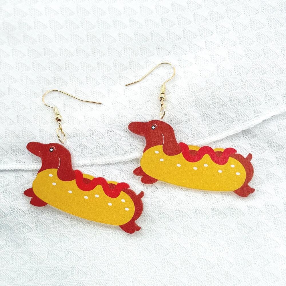 Hot Dog Wiener Dog Dangle Earrings, Hot Dog Earrings, Unique Earrings, Earrings